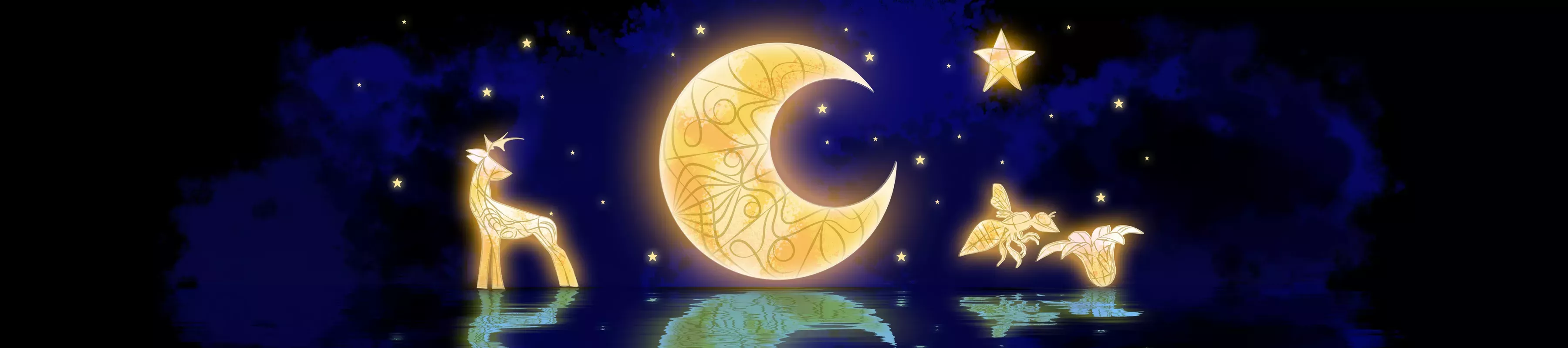 Glow Wild 2023 © RBG Kew Moon and stars, deer, bee and flower lanterns