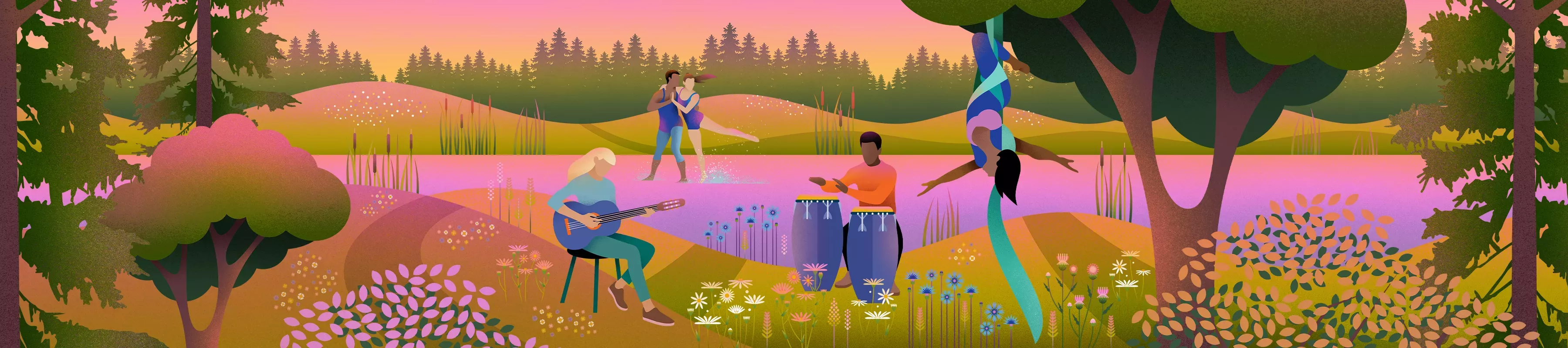 Wanderwild © RBG Kew Illustration showing people playing the guitar and bongos, dancing in a lake, and performing aerial acrobatics from a tree on a summer evening