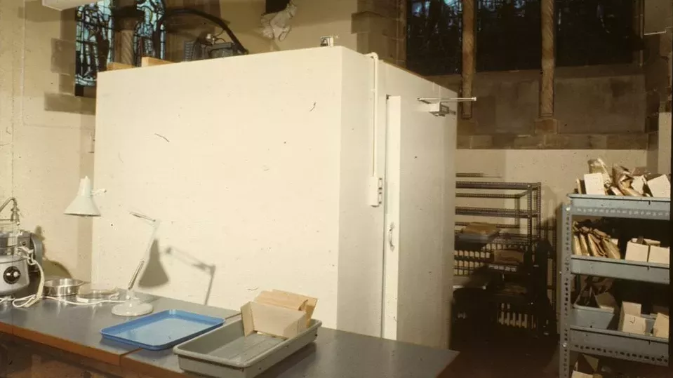 Old seed bank in The Mansion at Wakehurst © RBG Kew Large white refrigerator in The Mansion