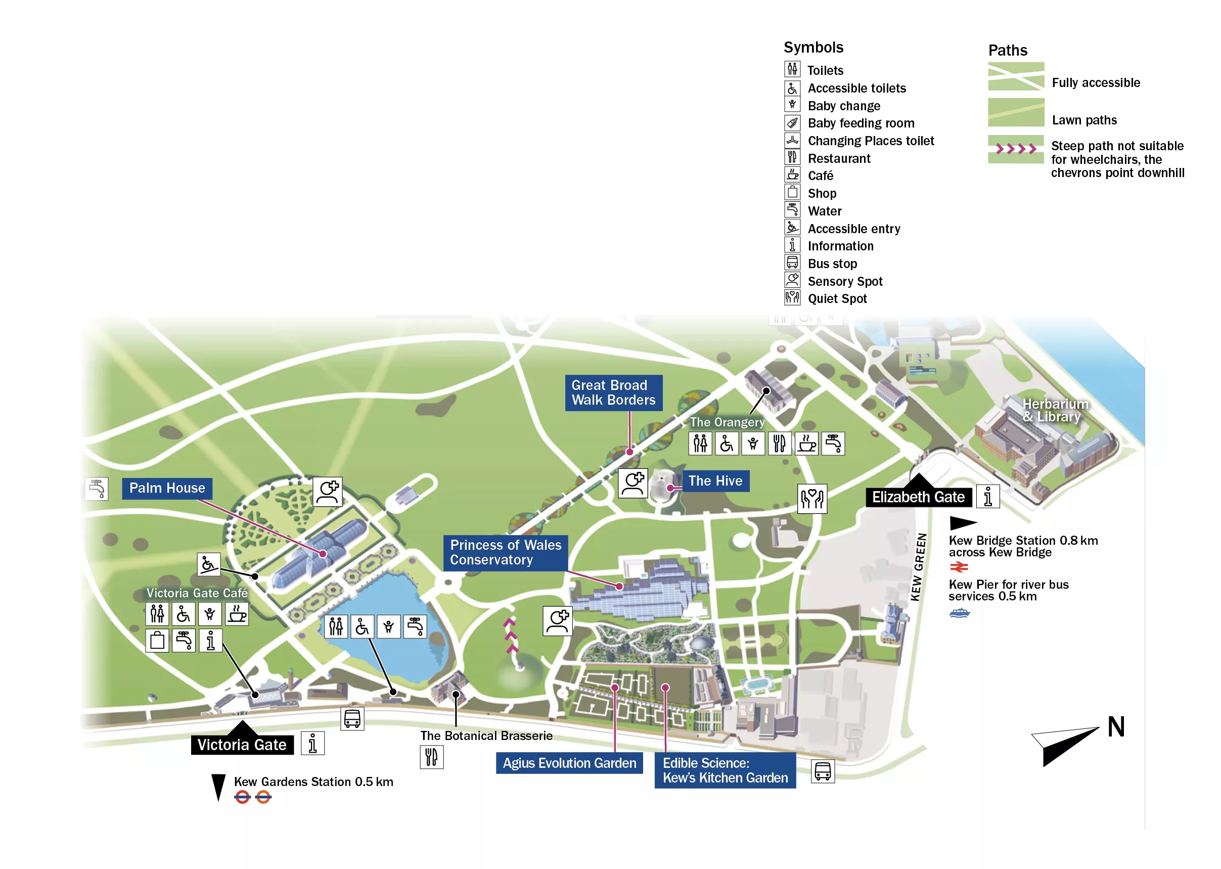 Accessibility map of Kew Gardens © RBG Kew Graphic of Kew Gardens with signs to various amenities