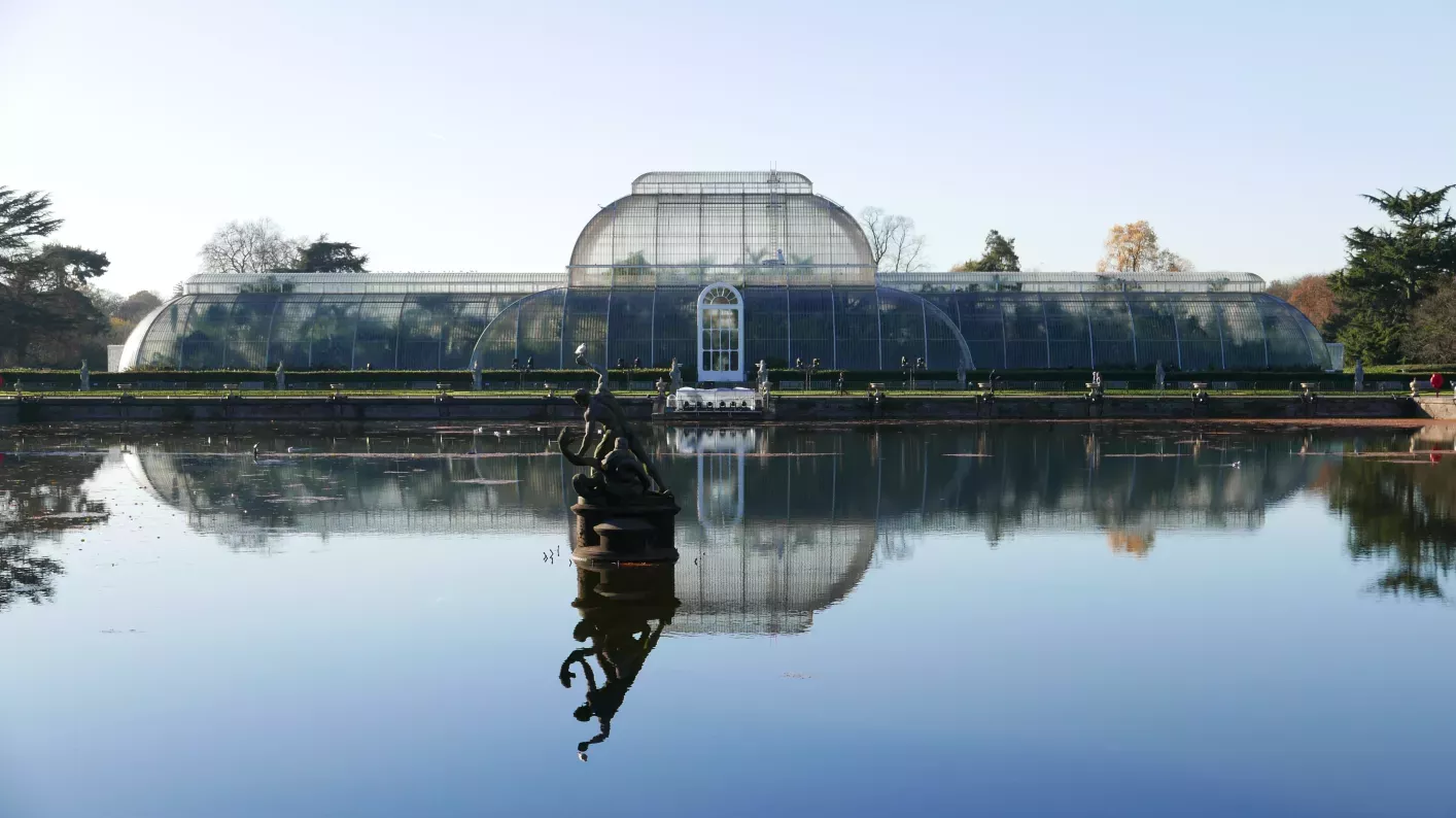 The Palm House, RBG Kew The Palm House Pond reflects blue sky