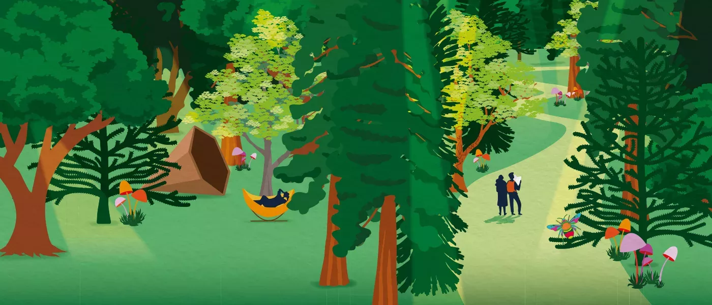 Rooted © RBG Kew Illustation showing trees and people enjoying the outdoors