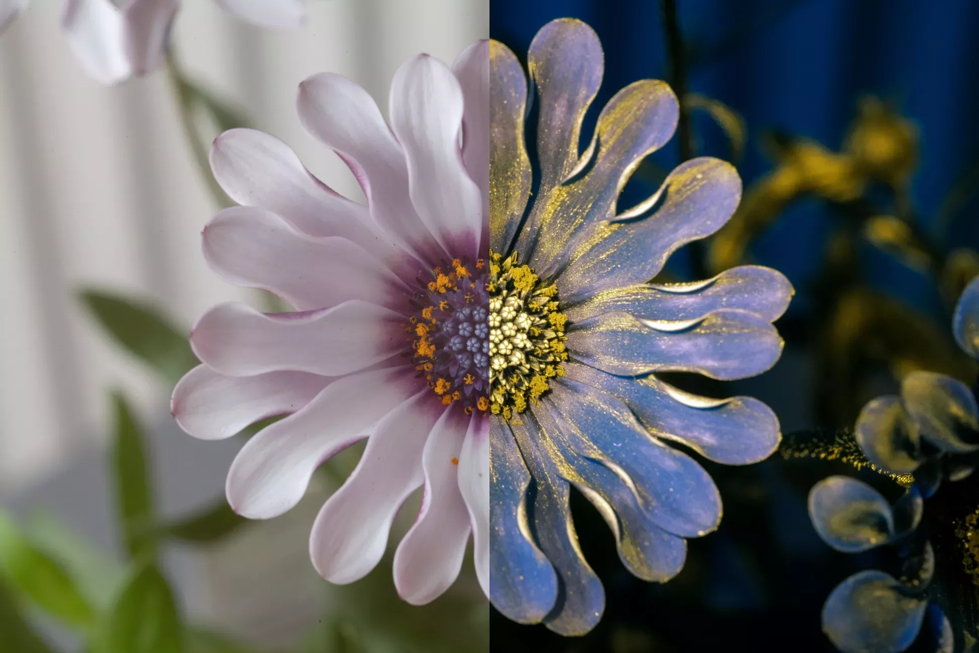 © Heinrich and Palmer A flower split down the middle with the right half being more purple and blue