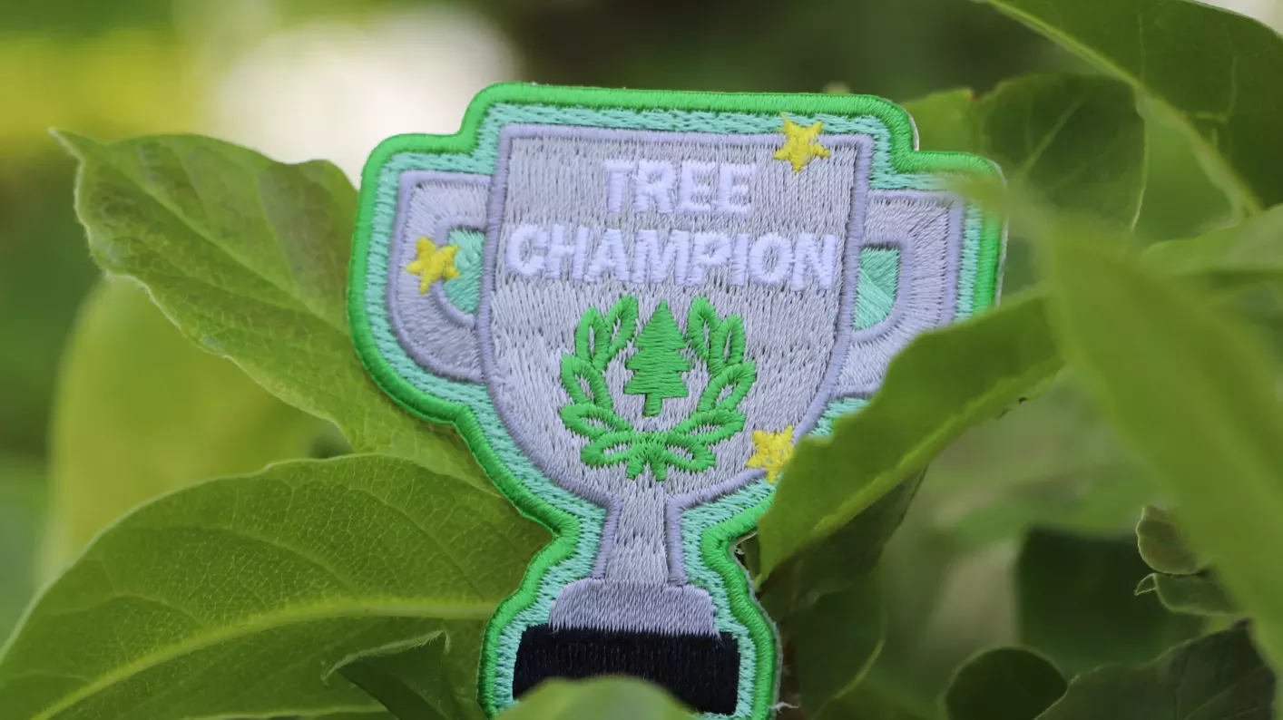 Nature Heroes Tree Champion © RBG Kew Grey and white embroidered badge in the shape of a trophy, set amongst green leaves