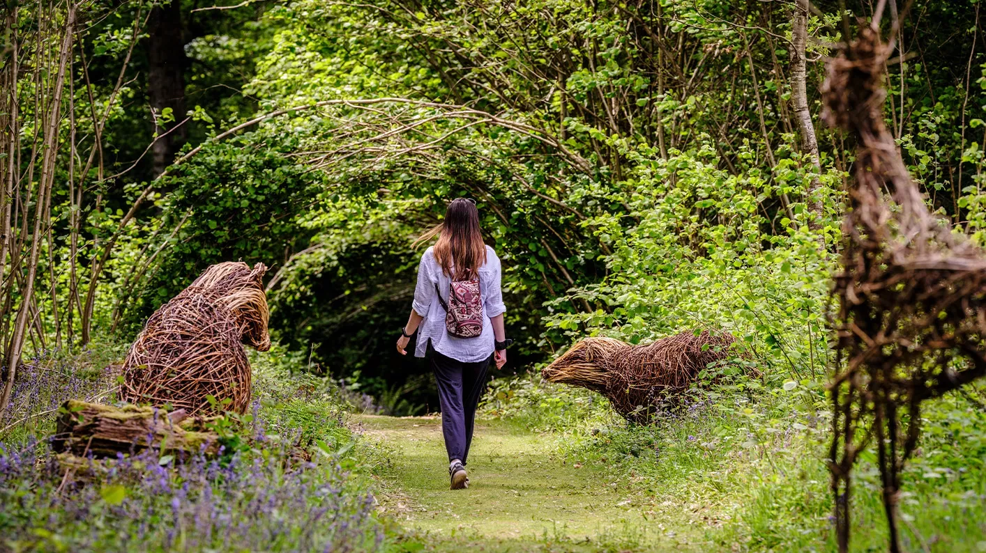 Wild Wood, Jim Holden © RBG Kew A woman walks past woven badger sculptures